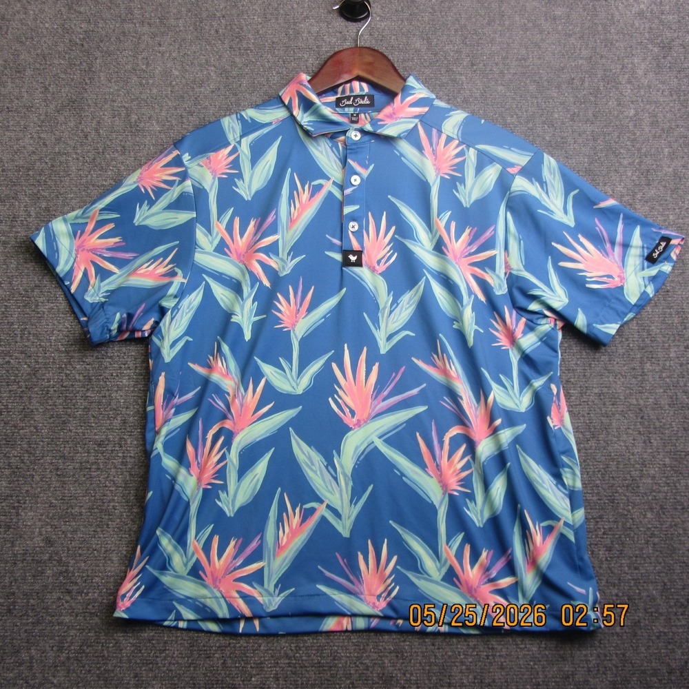 Bad Birdie Polo Shirt Mens M Blue Floral Tropical Golf Performance‎ Stretch